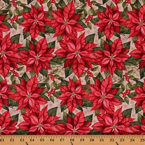 Noel Large Poinsettia Metallic Green Fabric by the Yard